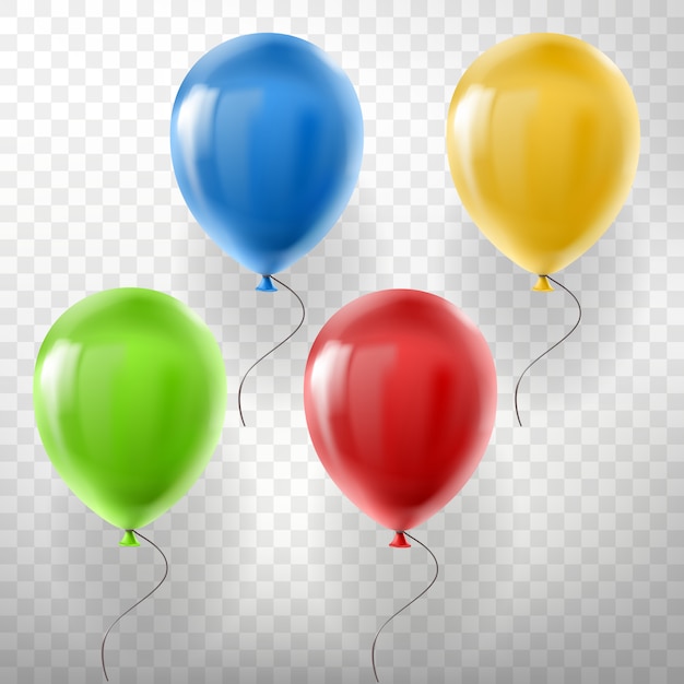 現実的な飛行ヘリウム気球、多色、赤、黄、緑、青のセット