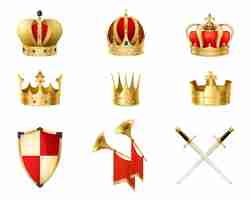 Free vector set of realistic golden royal crowns