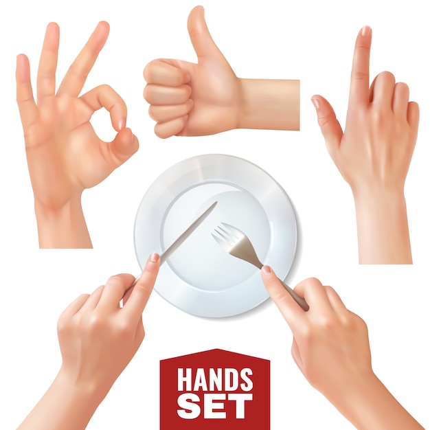 Set of realistic hands holding cutlery near empty dish and various gestures 