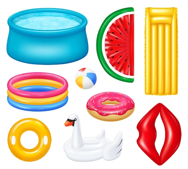 Free vector set of realistic inflatable pools with colorful accessories for swimming isolated