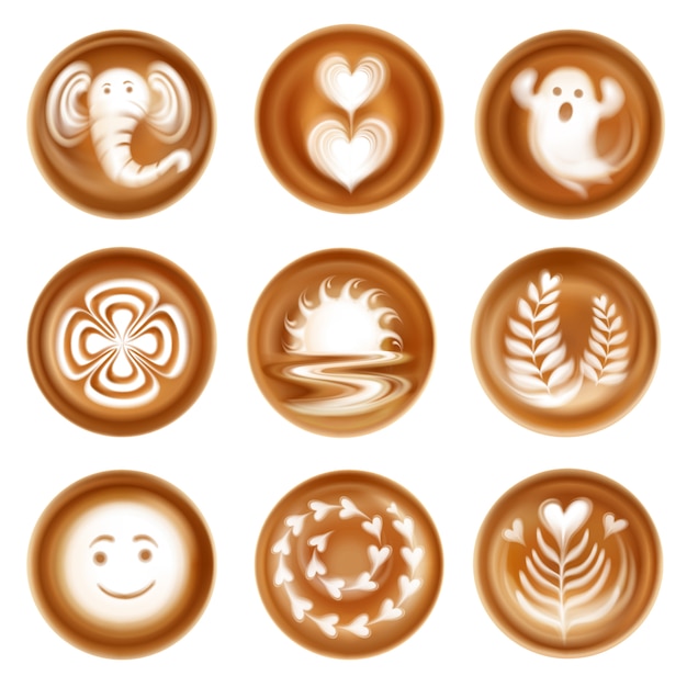 Free vector set of realistic latte art images compositions from hearts and leaves ghost and elephant isolated