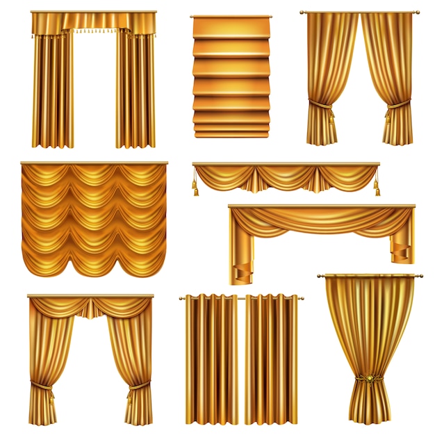 Set of realistic luxury gold curtains of various drapery with decorative elements isolated