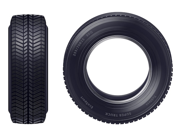 Free vector set of realistic new car tires front and profile view isolated over white background illustration