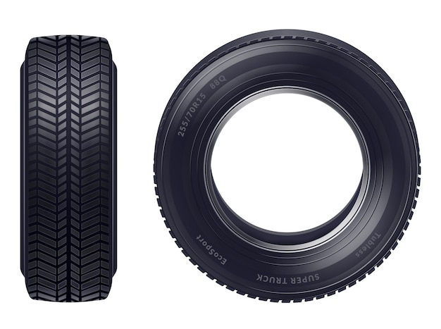 Set of realistic new car tires front and profile view isolated over white background illustration