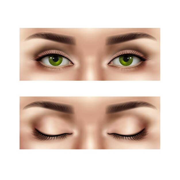set of realistic part of female human face with open and closed eyes