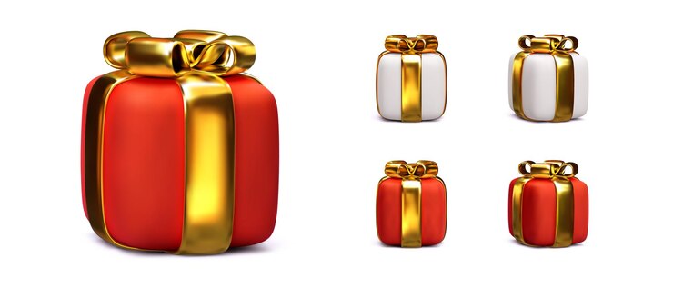 Set of realistic red and white gifts with gold ribbon isolated on white background. Vector illustration