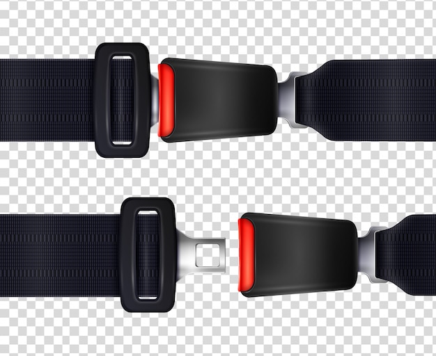 Set of realistic seat belts with metal fastener and black\
textured strap illustration