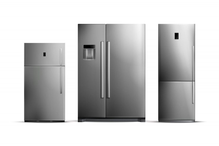 Free Vector set of realistic silver fridges of various size isolated on white