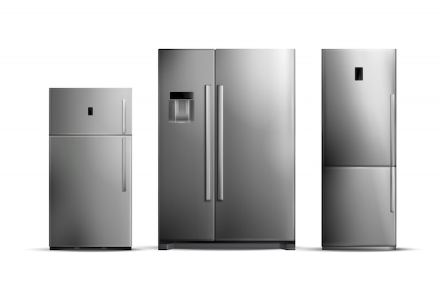 Set of realistic silver fridges of various size isolated on white