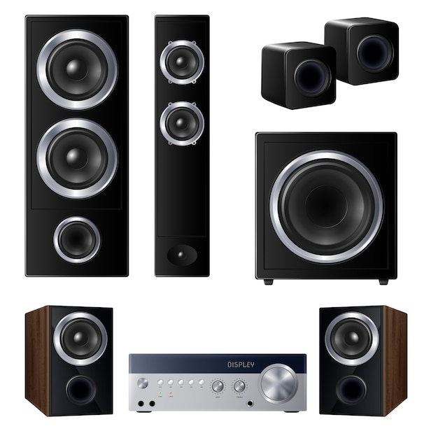 Set of realistic speakers of various size and center audio device isolated illustration