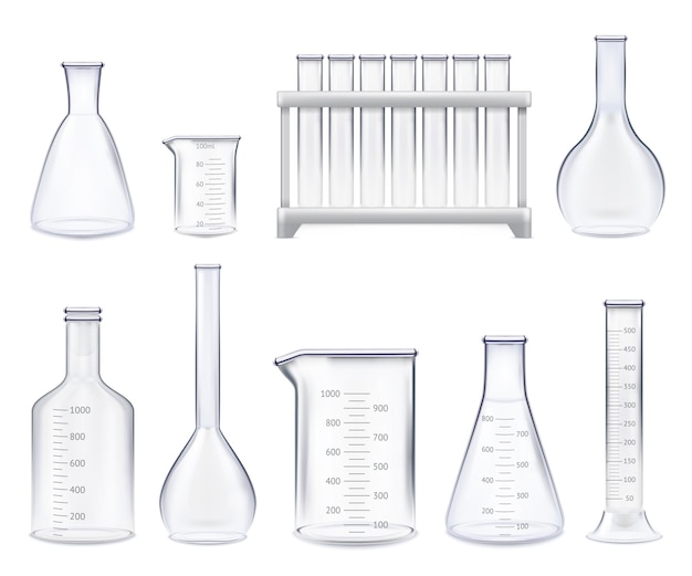 Free vector set of realistic test-tubes and glass jars of various shape with measuring scale isolated illustration