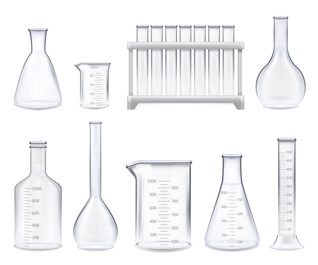 Set of realistic test-tubes and glass jars of various shape with measuring scale isolated illustration