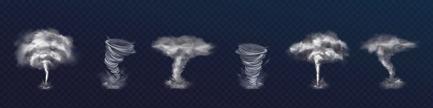 Set of realistic tornado vortices. Different kinds of swirls with clouds and flying shards