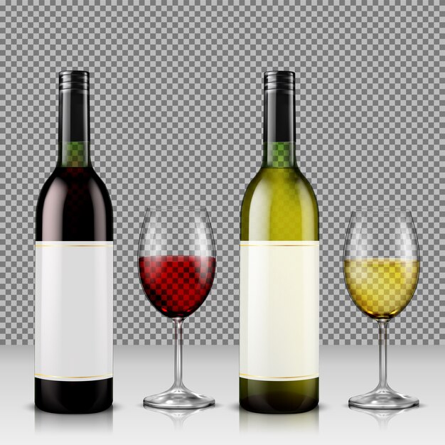 Set of realistic vector illustration of glass wine bottles and glasses with white and red wine