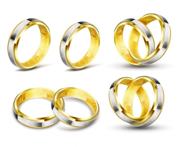 Set of realistic vector illustrations of gold wedding rings with engraving