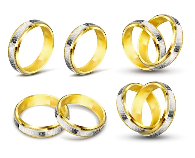 Set of realistic vector illustrations of gold wedding rings with engraving