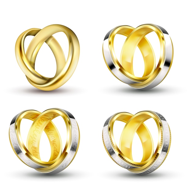 Vettore gratuito set di illustrazioni vettoriali realistiche di anelli di nozze d'oro con ombra