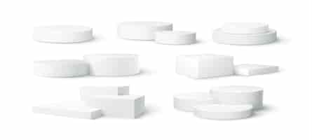 Free vector set of realistic white blank product podium scene isolated on white background