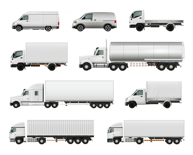 Set of realistic white cargo vehicles