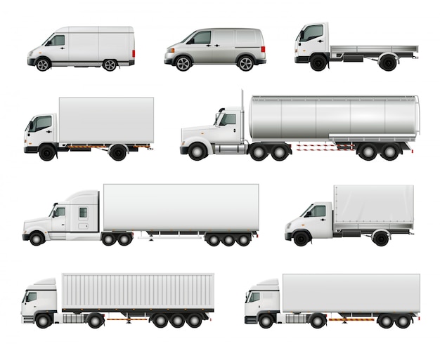 Set of realistic white cargo vehicles 