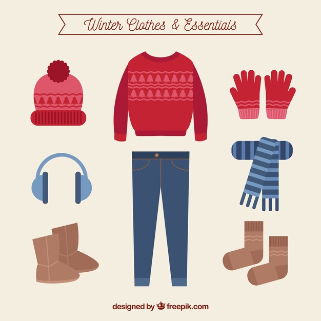 set of red and blue winter clothes