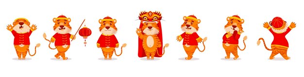 Set of red chinese tigers in new years costumes with lanterns and dragons in cartoon style