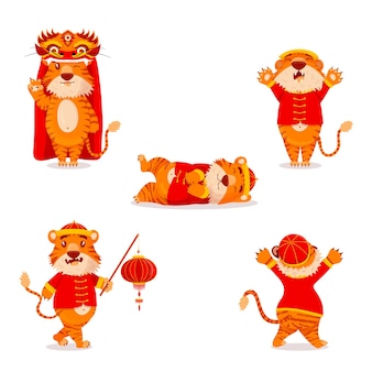 Set of red chinese tigers in new years costumes with lanterns and dragons in cartoon style