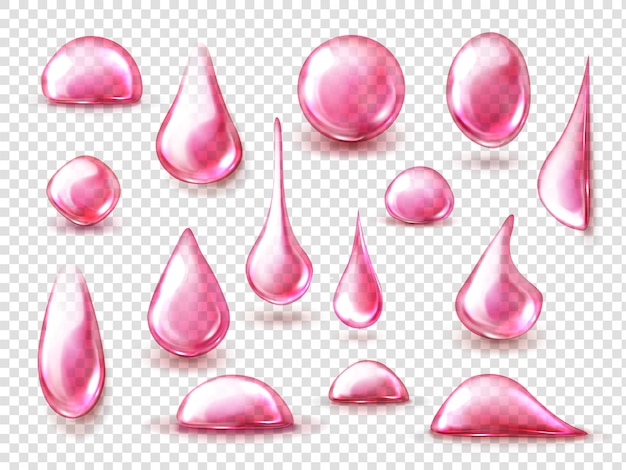 Set di gocce rosse di acqua rosa, succo o vino