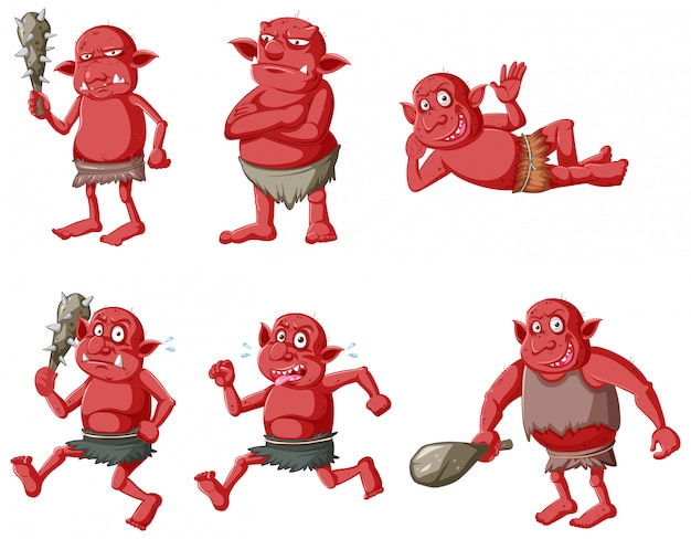 Vettore gratuito set di folletto rosso o troll in diverse pose nel personaggio dei cartoni animati isolato
