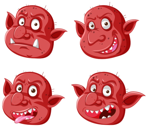 Set of red goblin or troll face in different expressions in cartoon style isolated