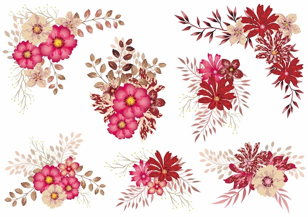 Set Of Red Watercolor Floral Elements Isolated On A white