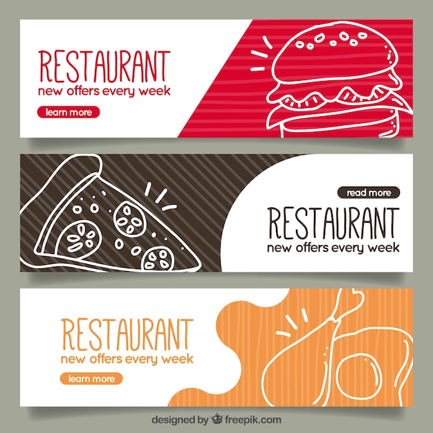 Set of restaurant banners with food sketches