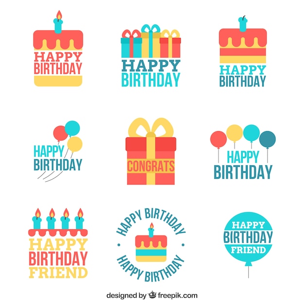 Set of retro birthday stickers in flat design