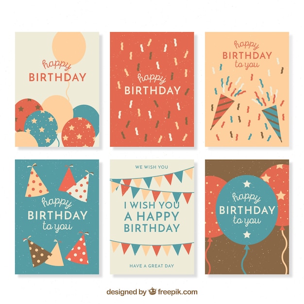 Free vector set of retro cards with birthday elements