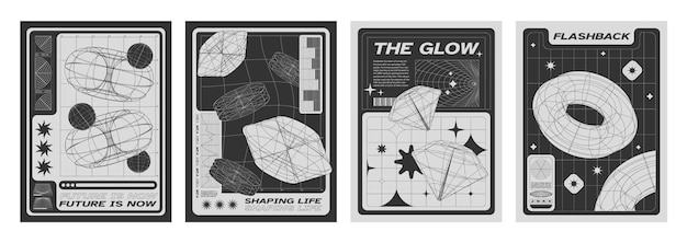 Free vector set of retro futuristic y2k geometric posters