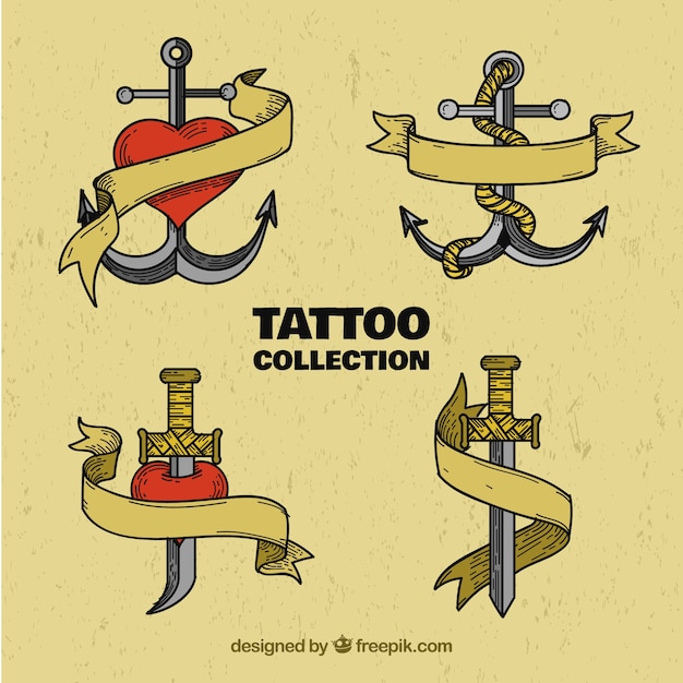 Set of retro hand drawn anchors and swords tattoos