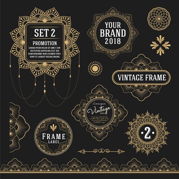 Set of retro vintage graphic design elements for frame, labels, logo symbols and ornamental