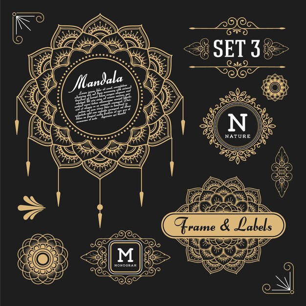 Set of retro vintage graphic design elements for frame, labels, logo symbols and ornamental