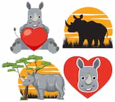 Vettore gratuito insieme dell'icona animale rinoceronte