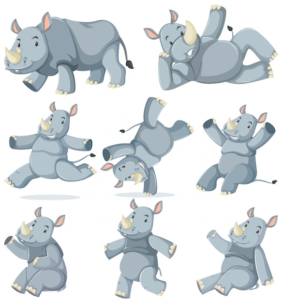 Vettore gratuito set di personaggi dei cartoni animati di rinoceronte