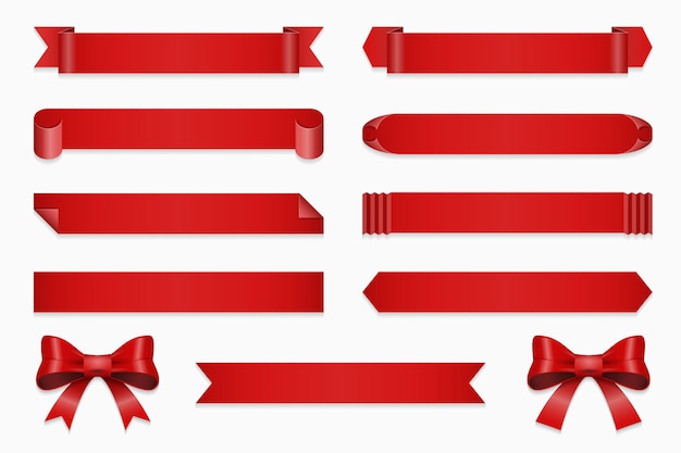 Free vector set of ribbons for anniversary. banner and bow, straight red tape isolated on white background illustration