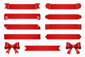 Set of ribbons for anniversary. banner and bow, straight red tape isolated on white background illustration