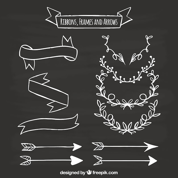 Set of ribbons, frames and arrows in blackboard style