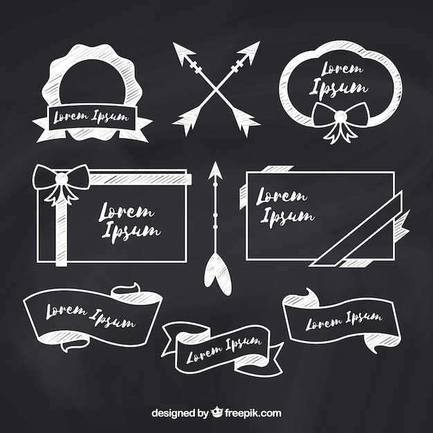 Set of ribbons, frames and arrows in blackboard style