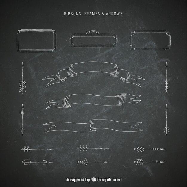 Set of ribbons, frames and arrows in blackboard style