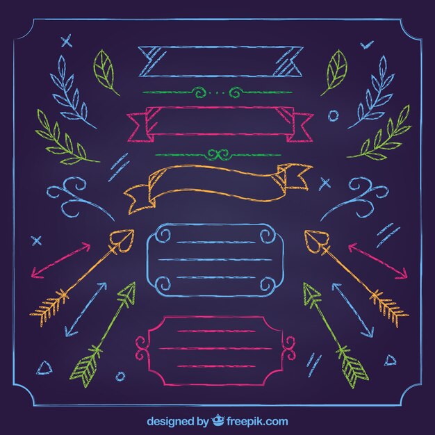 Free vector set of ribbons, frames and arrows in blackboard style