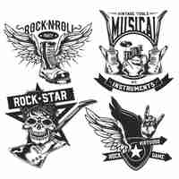 Free vector set of rock elements (skull, boot, drums, wings, guitar, picks) emblems, labels, badges, logos.