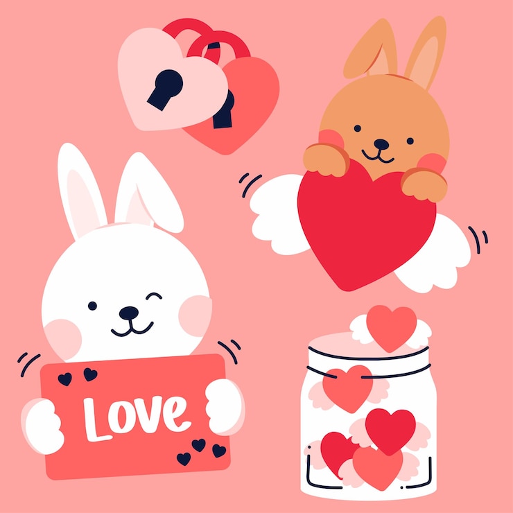 Free Vector set of romantic elements and rabbits for valentines day