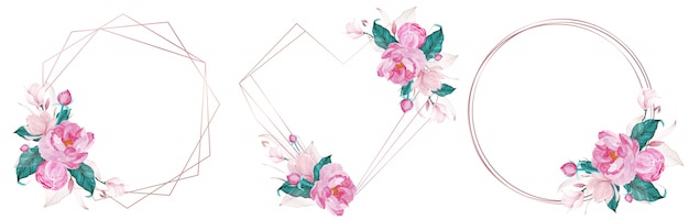 Vettore gratuito set di cornice geometrica in oro rosa decorata con fiori rosa in stile acquerello per carta di invito di nozze