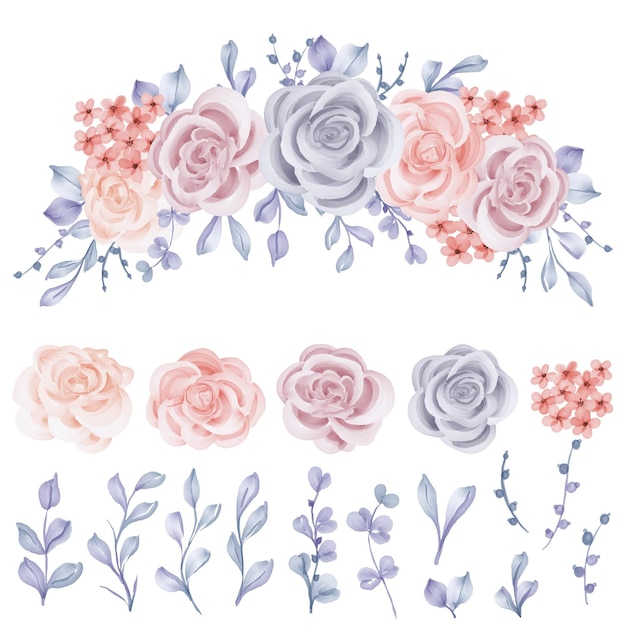 Set of rose winter isolated floral rose blue leaves clipart